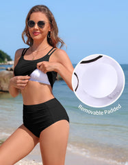 Charmo Women's High Waisted Bikini Sets Sporty Two Piece Swimsuit Ribbed Tummy Control Bathing Suit with Pockets