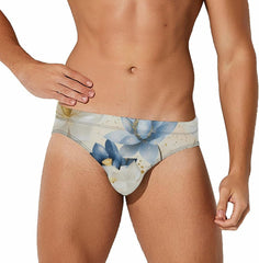 White And Indigo Blue Lotus Men's Swimsuit Brief Beach Shorts Bikini Swimwear Sexy Swimming Trunks