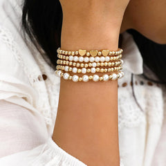 Gold Beaded Bracelet Set for Women Chunky Stretch Paperclip Cross Stack Non Tarnish