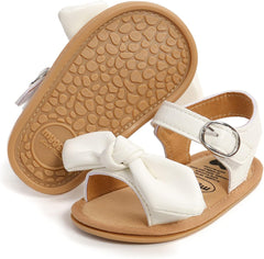 Girls Kids Open Toe Sandals Bow Leather Adjusted Buckle Strap Barefoot Shoes Baby Childrens Flat Wide Shoes Light Comfy