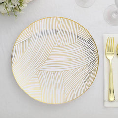 Efavormart 10 Pack White Renaissance Plastic Dinner Plates With Gold Navy Blue Chord Rim, Round Disposable Party Plates - 9"