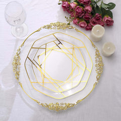 Efavormart 10 Pack | 8" White/Gold Geometric Design Plastic Dessert Plates, Disposable Octagon Salad/Appetizer Party Plates