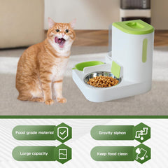 Automatic Cat Food and Water Dispenser Set 2 in 1, All-in-One Gravity Pet Feeder with Stainless Steel Cat Food Bowl Travel Auto Supply Feeder and Water Dispenser for Small Medium Cats Dogs (Blue)