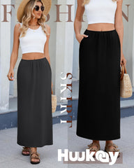 Huukeay 3 Pack Long Maxi Skirts for Women, Back Slit Ankle Length Casual Skirts Elastic Waist Soft Pencil Skirts with Pockets
