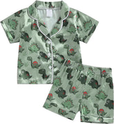 BULINGNA Kids Summer Satin Pajamas Sets Toddler Boys Dinosaur Pjs Short Sleeve Silk Nightwear Two Piece Sleepwear Loungewear