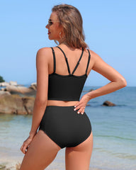 Charmo Women's High Waisted Bikini Sets Sporty Two Piece Swimsuit Ribbed Tummy Control Bathing Suit with Pockets