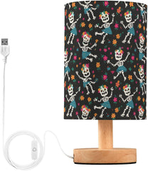 Funny Skeletons Flowers Bedside Table Lamp Small Desk Lamps Linen Fabric Shade Decorative Nightstand Lamp LED with USB Port Wood Base for Bedroom Living Room