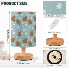 Cartoon Daisies Capybara Bedside Table Lamp Small Desk Lamps Linen Fabric Shade Decorative Nightstand Lamp LED with USB Port Wood Base for Bedroom Living Room