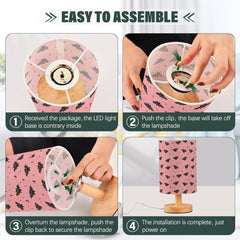 Cute Pink Bat Silhouettes Bedside Table Lamp Small Desk Lamps Linen Fabric Shade Decorative Nightstand Lamp LED with USB Port Wood Base for Bedroom Living Room