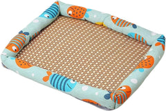 Natural Rattan Pet Bed Mat, Pet Cooler, Summer Linen Rattan Mat Nest, Woven Breathable Square Washable Bed with Edge for Dogs Cats (Sky Blue, Small)