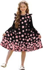 Girl's Long Sleeve Dress with Ruffle Sleeves Cute A-Line Midi Casual Sundress for Spring, Summer and Fall