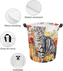 Autumn Cat Laundry Hamper Fall Orange Cat Hampers for Laundry Dirty Clothes Basket Organizer Room Decor