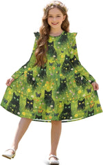 Girl's Long Sleeve Dress Ruffle Sleeve Twirly Pleated Midi Dress for Girls Soft Comfortable Cute Casual Dresses