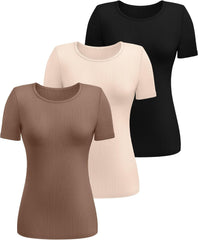 Ficerd 3 Pack Women's Ribbed T-Shirts, Cotton Short Sleeve Basic Tees Crewneck Fitted Tops Casual Shirts 2025 Summer Trendy