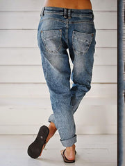 Flamingals Women's Stretchy Straight Leg Casual Low Rise Jeans Wash Button Fly Stitch Detail 90s Trendy Denim Jeans