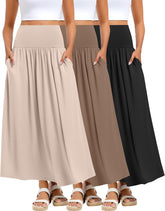 Ficerd 3 Pack Maxi Long Skirts for Women, Ankle Length High Waisted Pleated Flowy A Line Summer Casual Skirts with Pockets