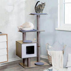 Cat Tree 29" Wooden Cat Tower with Condos,Spacious Perches,5 Fully Enclosed Sisal Scratching Posts and Dangling Pom Poms,5 Tier Modern Cat Tower with Activity Pads for Indoor and Outdoor Use,Gray