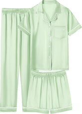 Boys Girls Pajamas 3 Piece Silky Satin Pajama Set Button Down Soft Sleepwear Loungwear, 4-14 Years