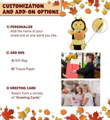 DolliBu Super Soft Honeybee Hand Puppet Stuffed Animal with Pumpkin Decor and Name Personalization - Pumpkin Plush Animal for Fall, Halloween and Thanksgiving, Pumpkin Toy for Kids, Adults - 10 Inches