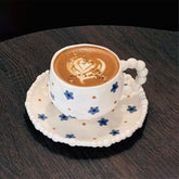 Floral Coffee Cup and Saucer Set, 10oz Ceramic Tea Cup with Hand-Painted Flowers, 3.7-inch Wide Porcelain Mug with Pearl Handle and 6.1-inch Saucer (Blue Floral)