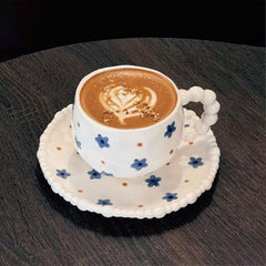 Floral Coffee Cup and Saucer Set, 10oz Ceramic Tea Cup with Hand-Painted Flowers, 3.7-inch Wide Porcelain Mug with Pearl Handle and 6.1-inch Saucer (Blue Floral)