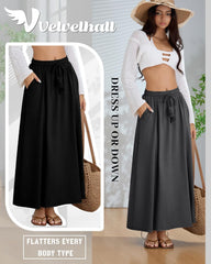 3 Pack Women's Maxi Long Skirts, Ankle Length a Line Elastic High Waist Flowy Boho Casual Skirt with Pockets