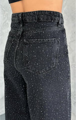 Famnbro Womens Rhinestone Jeans Baggy Y2K High Waisted Straight Wide Leg Sparkly Bling Glitter Denim Pants