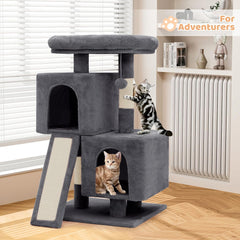 Cat Tree With 2 Condos, Scratching Post & Sisal-Covered Board Ladder, Climbing Tower for Indoor Cats, 34 Inches, Light Gray