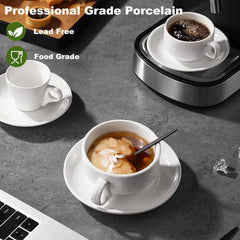 DeeCoo 11 oz White Cappuccino Mug- Large Ceramic Coffee Cup with Saucer - Microwave and Dishwasher Safe, Perfect For Tea, Espresso, Latte - Porcelain Set for Kitchen or Cafe, Baristas, Great Gift