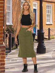 Allegra K Cargo Skirt for Women Y2K Adjustable Back Slit High Waist Casual A-Line Midi Jean Skirt