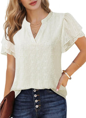 Lotusmile Womens Dressy Chiffon Blouses Summer Puff Petal Short Sleeve Shirts V Neck Casual Work Tops
