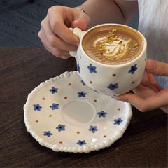 Floral Coffee Cup and Saucer Set, 10oz Ceramic Tea Cup with Hand-Painted Flowers, 3.7-inch Wide Porcelain Mug with Pearl Handle and 6.1-inch Saucer (Blue Floral)