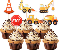 24 Pcs Construction Cupcake Toppers, Excavator Stop Sign Tractor Dump Truck Architectural Birthday Cake Decorations for Construction Theme Baby Shower Kids Birthday Party Supplies