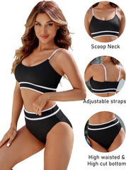 BMJL Women's High Waisted Bikini Ribbed Two Piece Swimsuit High Cut Color Block Adjustable Straps Bathing Suit
