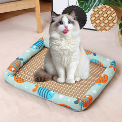 Natural Rattan Pet Bed Mat, Pet Cooler, Summer Linen Rattan Mat Nest, Woven Breathable Square Washable Bed with Edge for Dogs Cats (Sky Blue, Small)