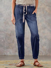 Flamingals Straight Leg Button Fly Jeans for Women Multi Pocket Mid Rise Jeans Without Belt Denim Pants