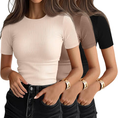 Ficerd 3 Pack Women's Ribbed T-Shirts, Cotton Short Sleeve Basic Tees Crewneck Fitted Tops Casual Shirts 2025 Summer Trendy