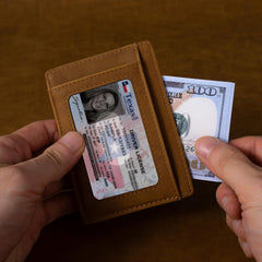 Slim Front Pocket Wallet, PU Leather, Khaki, Card Holder, RFID Blocking with Texas Souvenir Logo, Gift for Texans and their lovers (Texas Armadillo on Cardholder)