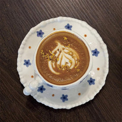 Floral Coffee Cup and Saucer Set, 10oz Ceramic Tea Cup with Hand-Painted Flowers, 3.7-inch Wide Porcelain Mug with Pearl Handle and 6.1-inch Saucer (Blue Floral)