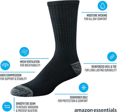 Amazon Essentials Men's Cotton Breathable Cushioned Performance Work Crew Sock, 4 Pairs