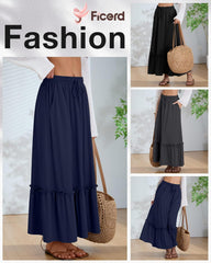 Ficerd 3 Pack Women's Boho Maxi Skirts, Long Tiered Skirt Flowy Ruffle High Waist Drawsting Casual Dress with Pockets