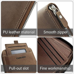 Men’s Wallets with Removable Badge Holder, Large Capacity Men Slim Wallet with Zipper Multi Slots and Coin Pocket (Brown)
