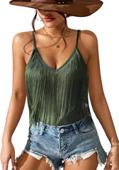 Womens Western Cowgirl Fringe Top - Country Concert Outfits Festival Tassel Hem Boho Rodeo Camisole Rave Tank Shirt