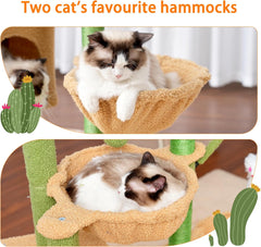 Heybly Cat Tree, 39.4 Inches Cactus Tower Condo with Scratching Post, Cat Tower for Indoor Cats, Fully Wrapped Sisal Pole, Soft Platform, 2 Baskets and Dangling Toy, Green and Yellow HCT006SGY