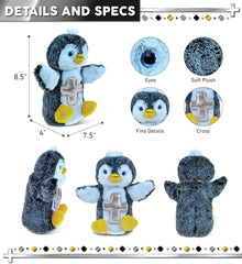 DolliBu Penguin Hand Puppet Stuffed Animal with Silver Cross and Personalization - Religious Baptism Gifts for Boys and Girls, Dedication Christening Gifts Plush Prayer Healing Teddy Bear - 8.5 Inches