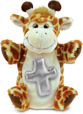 DolliBu Giraffe Hand Puppet Stuffed Animal with Silver Cross and Personalization - Religious Baptism Gifts for Boys and Girls, Dedication Christening Gifts Plush Prayer Healing Teddy Bear - 10 Inches