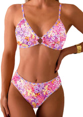 Fanuerg Women's Triangle Bikini Sets O Ring Linked Two Piece Swimsuits Floral Printed Cheeky Bathing Suit