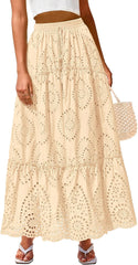 BTFBM Women Boho Casual Skirts Summer 2025 Lace Embroidery Eyelet Elastic Waist Flowy Tiered Beach Fall Maxi Skirt