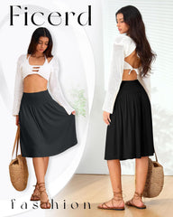 Ficerd 3 Pack Women's Knee Length Casual Skirts with Pockets, Flared High Waisted Midi Pleated Flowy a Line Summer Skirts
