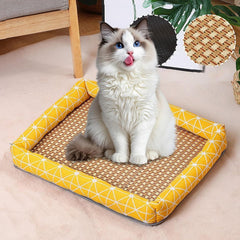 Natural Rattan Pet Cooling Bed Mat for Cats Dogs, Summer Washable Window Cat Bed Floor Sleeping Mats, Breathable Washable Linen Woven Mat with Raised Edge, Square Pad for Indoor Cats (Dark Blue, S)